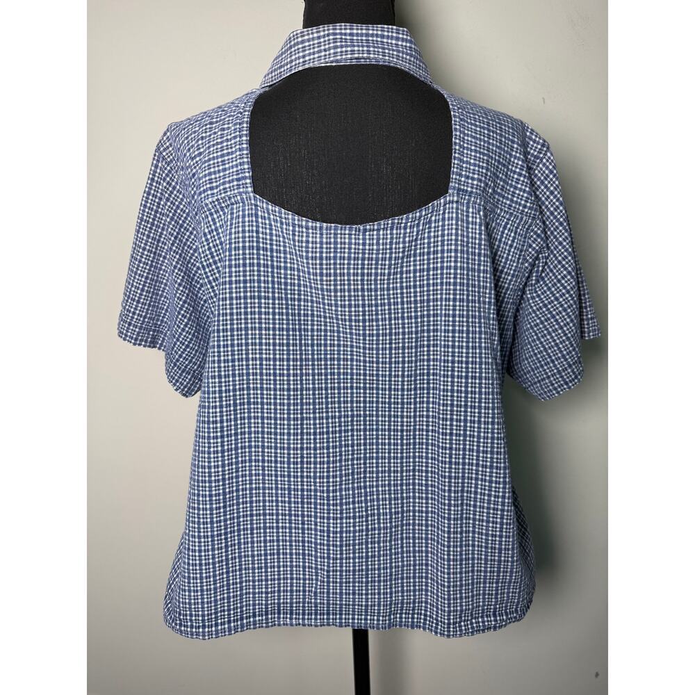 Stefano International Gingham Plaid Cutout Back Top Blue White Short Sleeve XL